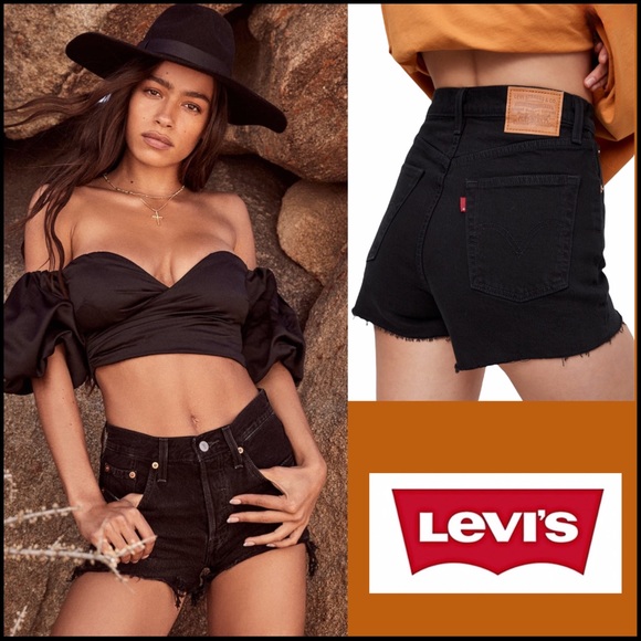 BLACK 501 LEVIS HIGH-RISE CUT-OFF SHORTS Sz 28 - Picture 13 of 13